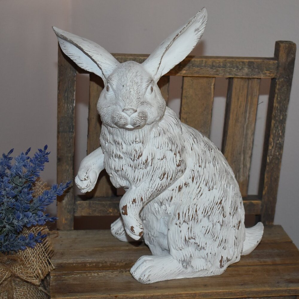 Resin Distressed Shabby Chic White Bunny Rabbit Country Cottage Farmhouse Decor